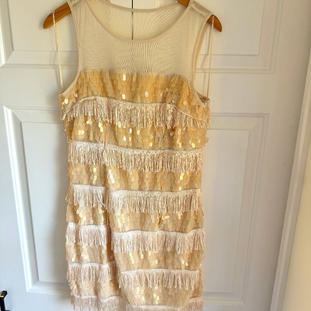 Costume Flapper Fringe Sequin Cream Dress Vintage Style Gatsby Roaring 20s - L
